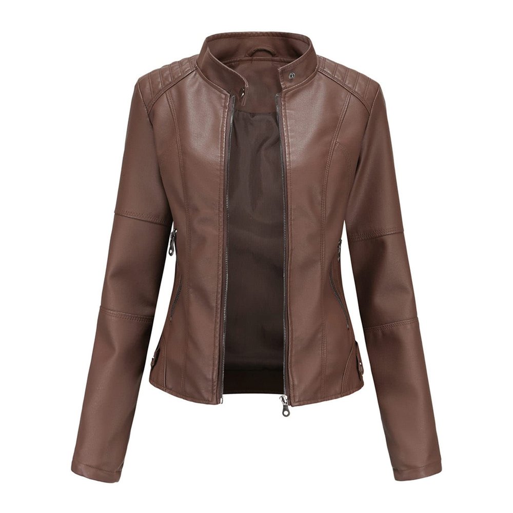 JEsilunmaMY Lightweight Biker Coats for Women Zip Long Sleeve Slim Motorcycle Leather Jacket Solid Color Fall Bomber Outwear (Coffee,4X-Large)