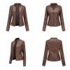 JEsilunmaMY Lightweight Biker Coats for Women Zip Long Sleeve Slim Motorcycle Leather Jacket Solid Color Fall Bomber Outwear (Coffee,4X-Large) view 2