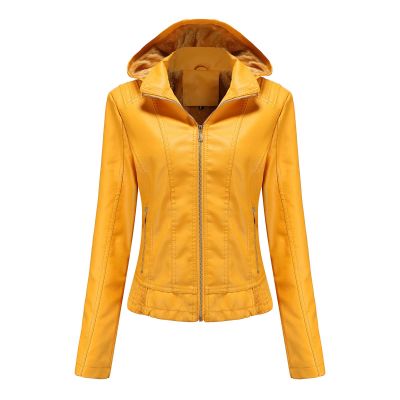 JEsilunmaMY Womens Winter Motorcycle Jacket Zip Up Slim Detachable Hood Leather Coats Solid Color Fleece Lined Biker Outwear (Yellow,Medium)