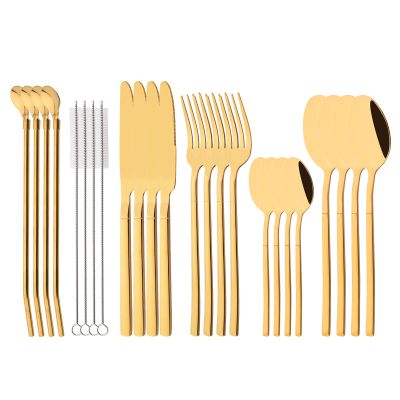 Silverware Set with Straw Spoons - 24 pcs Stainless Steel Flatware Cutlery Set for 4 - Reusable Family Eating Utensils - Mirror Polished Tableware Set for Party Wedding Travel Camping - Gold