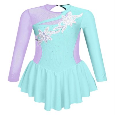 JanJean Kids Girls Long Sleeve Shiny Figure Ice Skating Dress Ballet Dance Gymnastics Leotard Dress Light Blue B 12 Years