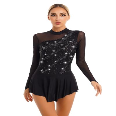 Vxuxlje Womens Lyrical Dance Costume Rhinestones Mesh Tulle Flowy Ice Skating Short Leotard Dress Black Small