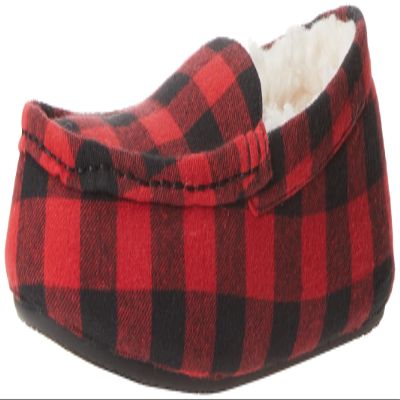 Amazon Essentials Men's Memory Foam Moccasin Slippers, Black Red Buffalo Check, 8