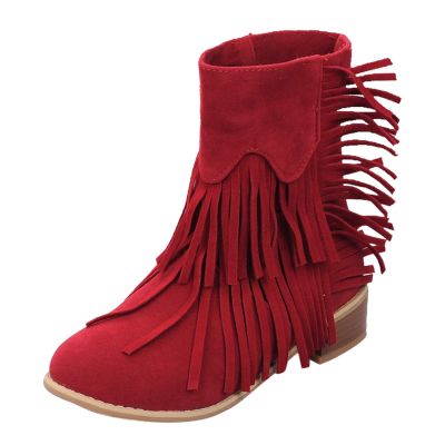 ZBYY Women's Tassel Bootie Fashion Winter Fringe Low Heel Ankle Boots Pointy Toe Western Cowboy Booties