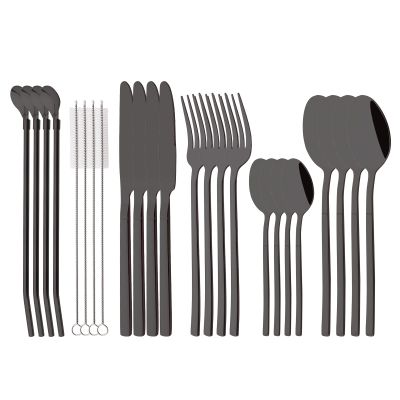 Silverware Set with Straw Spoons - 24 pcs Stainless Steel Flatware Cutlery Set for 4 - Reusable Family Eating Utensils - Mirror Polished Tableware Set for Party Wedding Travel Camping - Black
