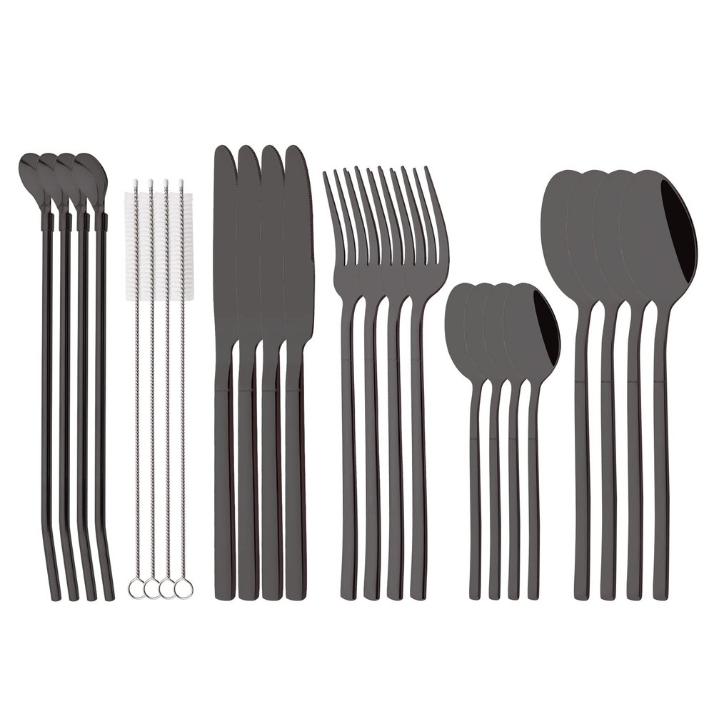 Silverware Set with Straw Spoons - 24 pcs Stainless Steel Flatware Cutlery Set for 4 - Reusable Family Eating Utensils - Mirror Polished Tableware Set for Party Wedding Travel Camping - Black