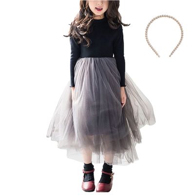 aromm Girls Tutu Dress Long Sleeve Stretchy Knit Tulle Dress Grey with Pearl Hairband for Party Casual, 130