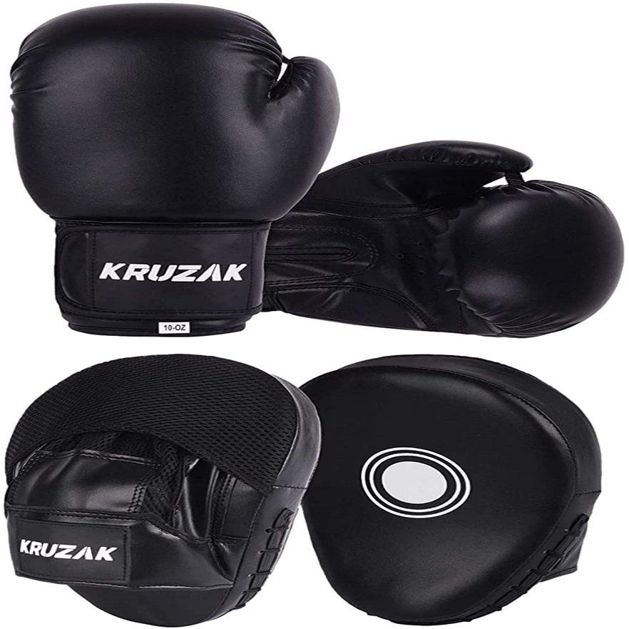 Kruzak Plain Kids Focus Mitts and Boxing Gloves Set for Kickboxing and Muay Thai MMA Training -Unisex Kit with Punching Pads for Martial Arts and Karate - Black 6oz