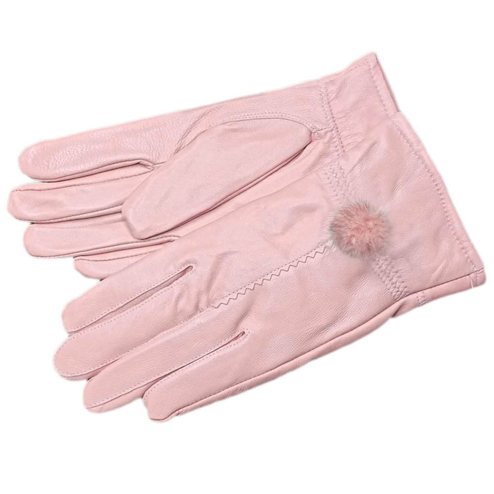 Ealafee 2019 Women Leather Gloves Winter Warm Real Lambskin Lined Driving Gloves (#0-light pink With Poms)