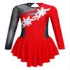 JanJean Kids Girls Long Sleeve Shiny Figure Ice Skating Dress Ballet Dance Gymnastics Leotard Dress Red Floral 14 Years view 1