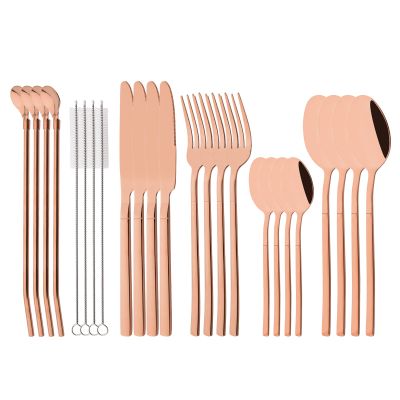 Silverware Set with Straw Spoons - 24 pcs Stainless Steel Flatware Cutlery Set for 4 - Reusable Family Eating Utensils - Mirror Polished Tableware Set for Party Wedding Travel Camping - Rose Gold
