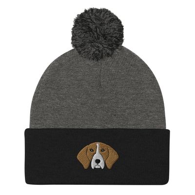 Treeing Walker Coonhound hat, Embroidered Unisex Pom-Pom Beanie, Cartoon Dog Head White and Brown Embroidery.
