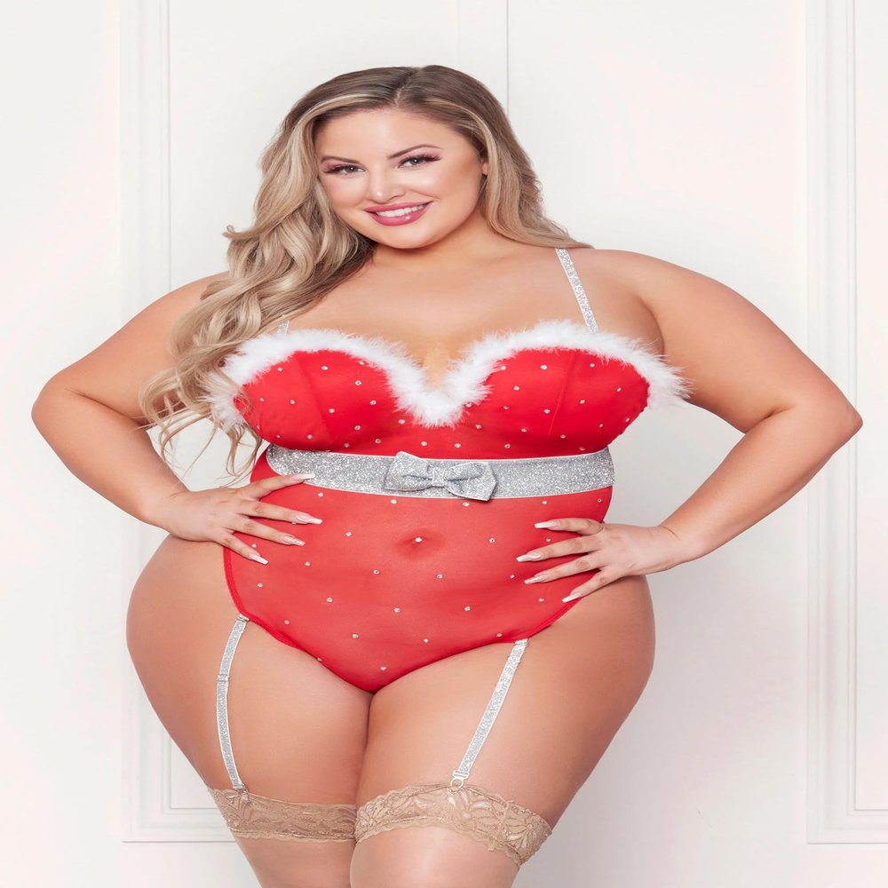 Rhinestone Studded Mesh Teddy With Marabou Trim Red