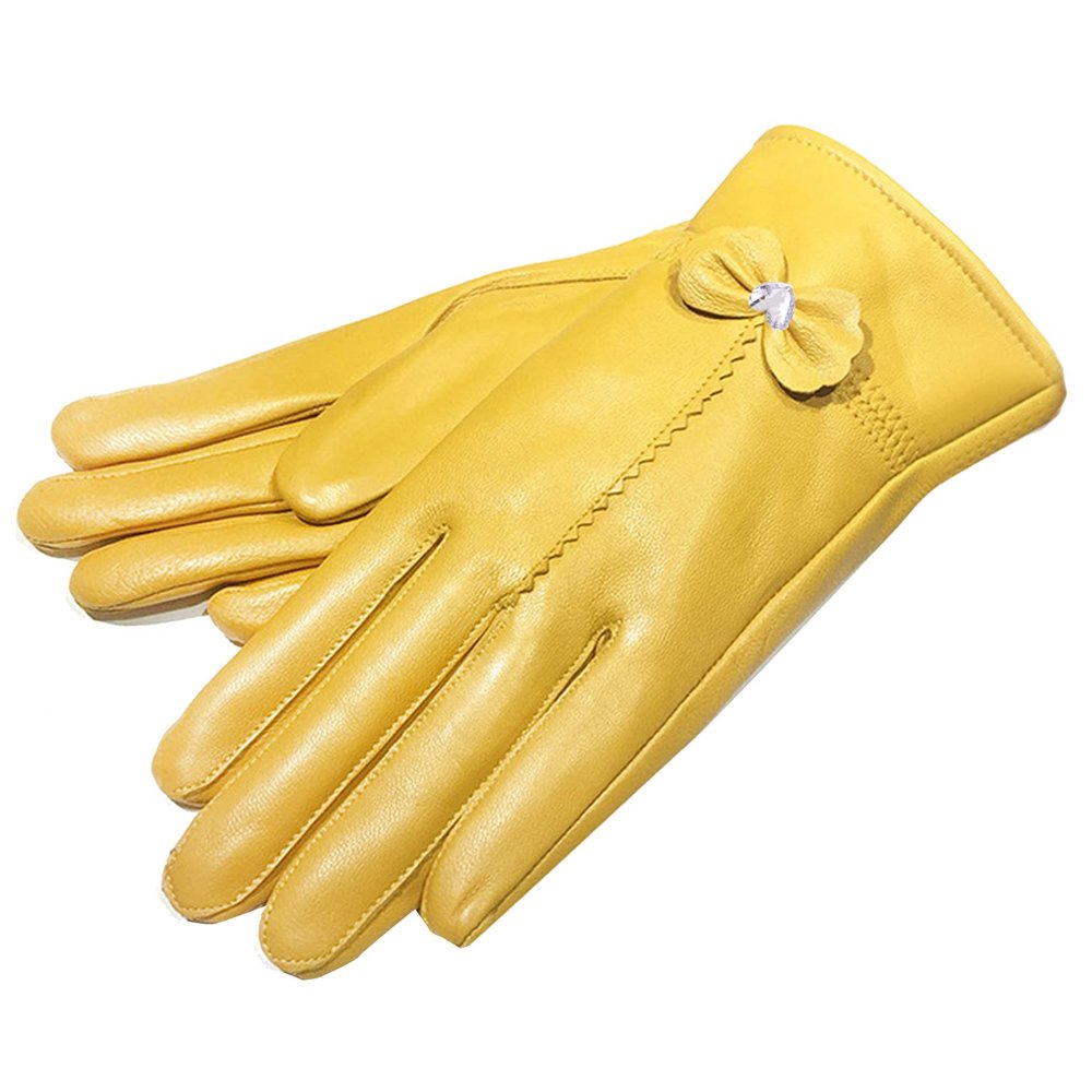 Ealafee 2019 Women Leather Gloves Winter Warm Real Lambskin Lined Driving Gloves (#0-yellow)