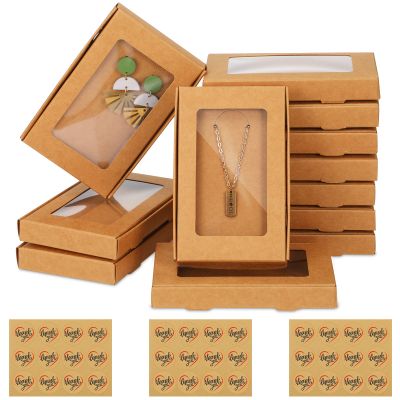 Crtiin 30 Pcs Jewelry Packaging Boxes 5.4"x3.4"x0.7" Cardboard Necklace Gift Boxes Bulk with Clear Window, Display Card and Thank You Stickers for Necklace, Earring, Bracelet, Ring(Kraft Color)
