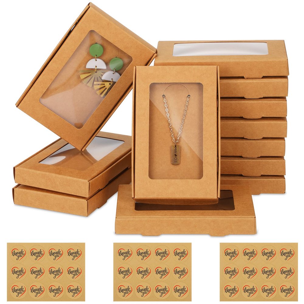 Crtiin 30 Pcs Jewelry Packaging Boxes 5.4"x3.4"x0.7" Cardboard Necklace Gift Boxes Bulk with Clear Window, Display Card and Thank You Stickers for Necklace, Earring, Bracelet, Ring(Kraft Color)