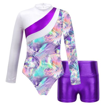 Manyakai Kids Girls Long Sleeve Gymnastics Leotard with Shorts Ballet Unitard 2 Piece Dance Outfits Shadow Pink 4 Years