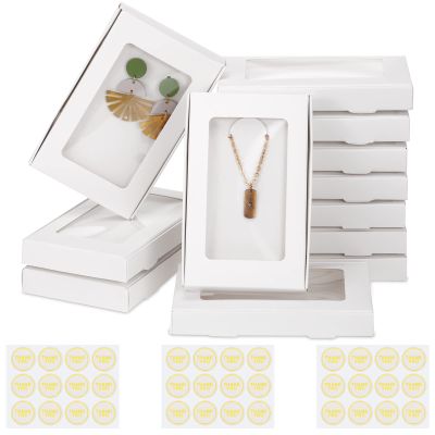 Crtiin 30 Pcs Jewelry Packaging Boxes 5.4"x3.4"x0.7" Cardboard Necklace Gift Boxes Bulk with Clear Window, Display Card and Thank You Stickers for Necklace, Earring, Bracelet, Ring(White)