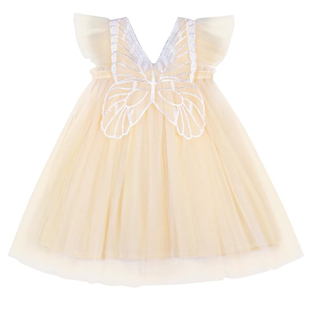 AGQT Baby Girls Tulle Tutu Dress Sleeveless Toddler Butterfly Print Back Tutu Dresses Birthday Party Gowns Wedding Layered Lace Holiday Mini Dress Apricotle Size 12-18 Months