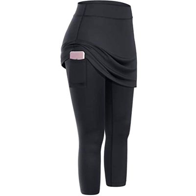 XUETON Womens Tennis Skirted Leggings with Pockets High Waisted Butt Lift Active Skort Athletic Ruffle Golf Skapri with Skirt(Black,Small)