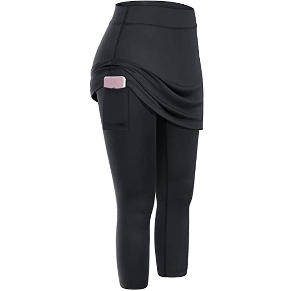 XUETON Womens Tennis Skirted Leggings with Pockets High Waisted Butt Lift Active Skort Athletic Ruffle Golf Skapri with Skirt(Black,Small)