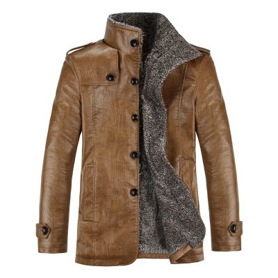 Maiyifu-GJ Men's Vintage Faux Leather Jacket PU Zip Up Stand Collar Trucker Coat Lapel Sherpa Lined Warm Slim Fit Jackets (Khaki,4X-Large)