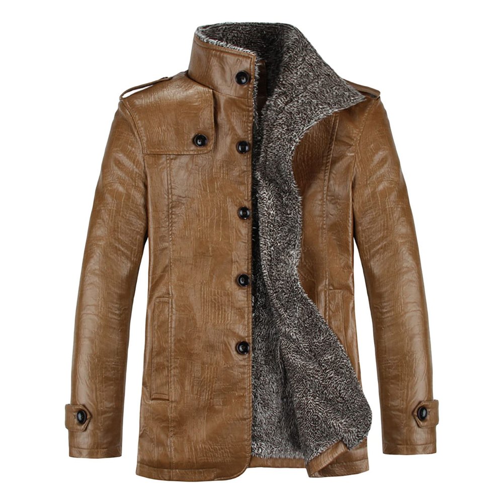 Maiyifu-GJ Men's Vintage Faux Leather Jacket PU Zip Up Stand Collar Trucker Coat Lapel Sherpa Lined Warm Slim Fit Jackets (Khaki,4X-Large)