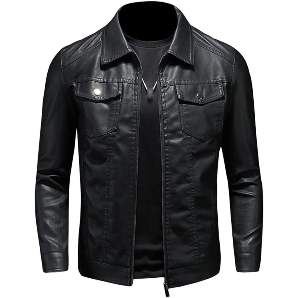 Maiyifu-GJ Men's Vintage Faux Leather Jacket Zip Up Long Sleeve Motorcycle Coat PU Lapel Lightweight Slim Fit Jackets (Black,Medium)