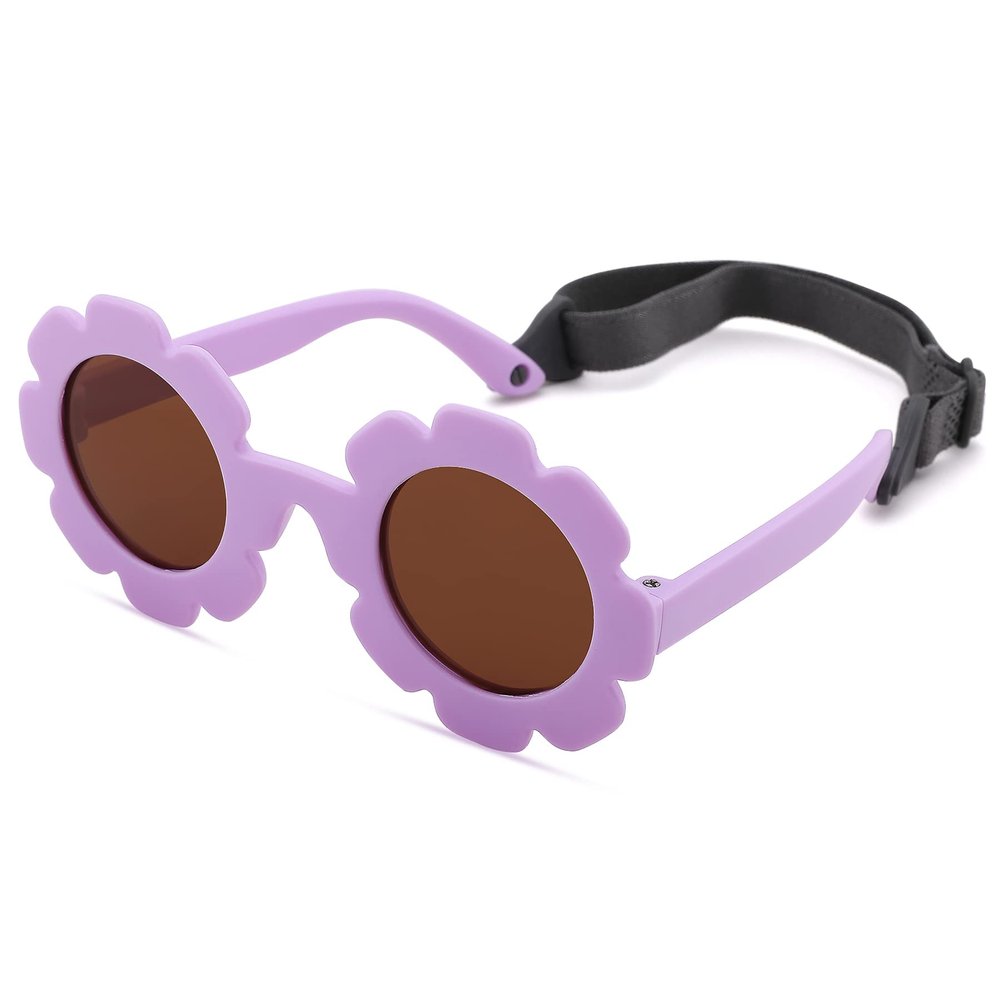Hycredi Flexible Bendable Flower Baby Polarized Sunglasses with Strap Cute Shades for Newborn Infant Boys Girls Age 0-24 Months-Beige White/Brown +Pink/Pink Mirror