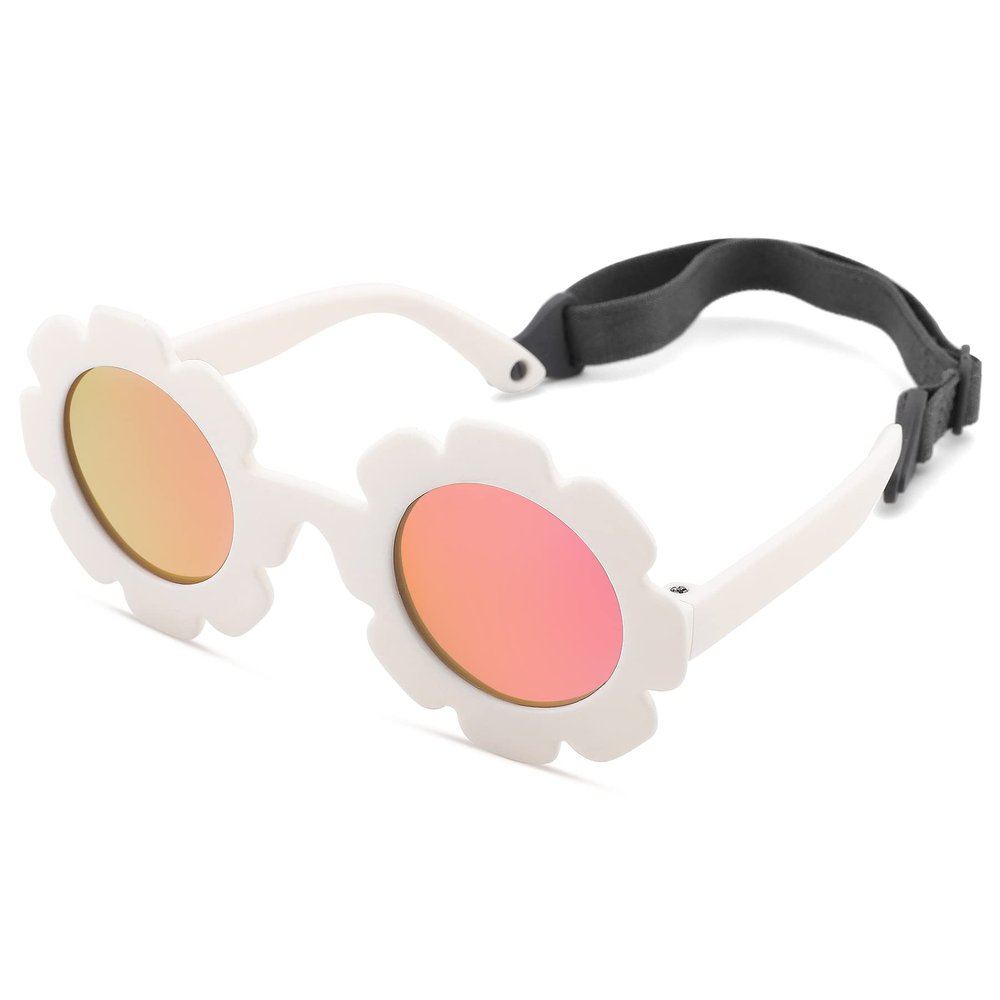 Hycredi Flexible Bendable Flower Baby Polarized Sunglasses with Strap Cute Shades for Newborn Infant Boys Girls Age 0-24 Months-Beige White/Brown + Purple/Brown Mirror