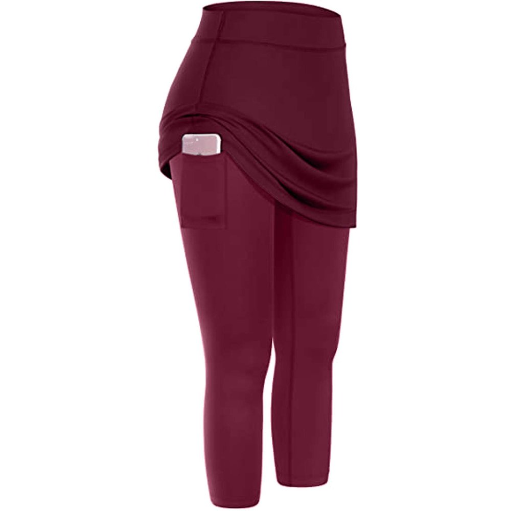 XUETON Womens Tennis Skirted Leggings with Pockets High Waisted Butt Lift Active Skort Athletic Ruffle Golf Skapri with Skirt(Wine,XX-Large)