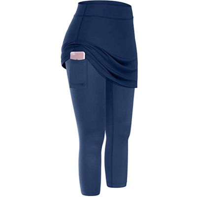 XUETON Womens Tennis Skirted Leggings with Pockets High Waisted Butt Lift Active Skort Athletic Ruffle Golf Skapri with Skirt(Navy,XX-Large)