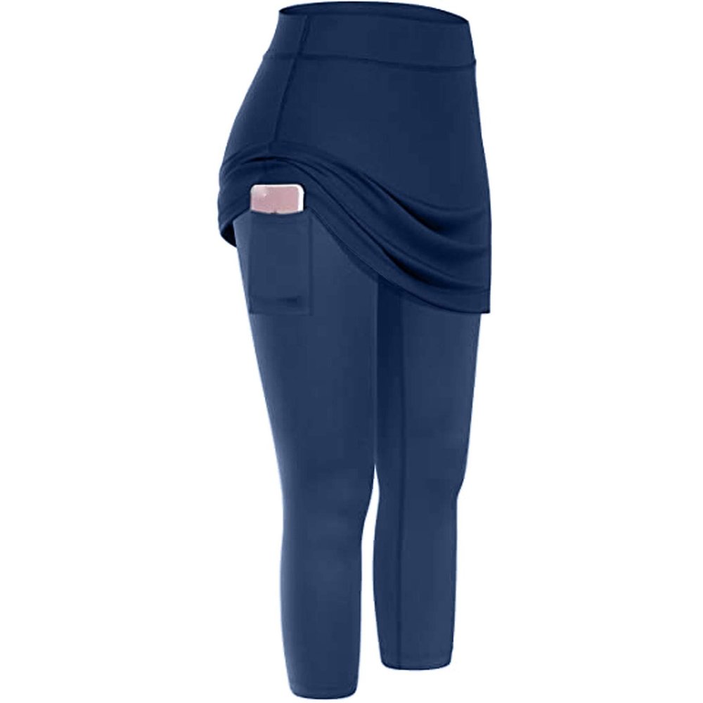XUETON Womens Tennis Skirted Leggings with Pockets High Waisted Butt Lift Active Skort Athletic Ruffle Golf Skapri with Skirt(Navy,XX-Large)