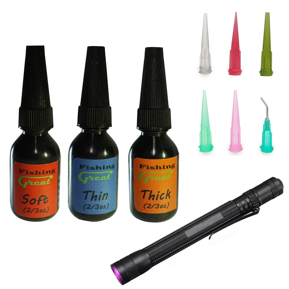GREATFISHING Fly Tying UV Clear Glue and Power Light Combo Three Bottles Thick Thin and Soft for Building Flies Heads Bodies Wings and Gluing Eyes