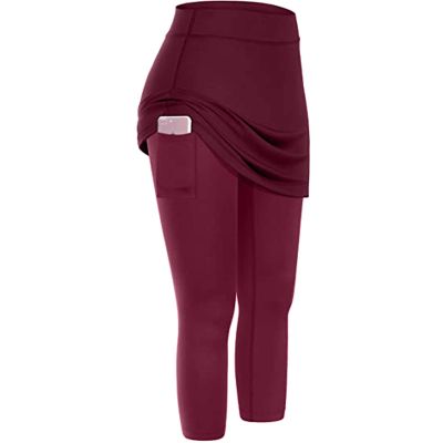 XUETON Womens Tennis Skirted Leggings with Pockets High Waisted Butt Lift Active Skort Athletic Ruffle Golf Skapri with Skirt(Wine,X-Large)