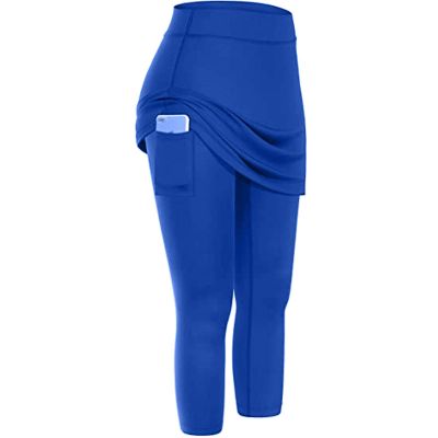 XUETON Womens Tennis Skirted Leggings with Pockets High Waisted Butt Lift Active Skort Athletic Ruffle Golf Skapri with Skirt(Blue,Medium)