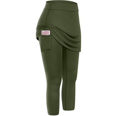 XUETON Womens Tennis Skirted Leggings with Pockets High Waisted Butt Lift Active Skort Athletic Ruffle Golf Skapri with Skirt(Army Green,Large)