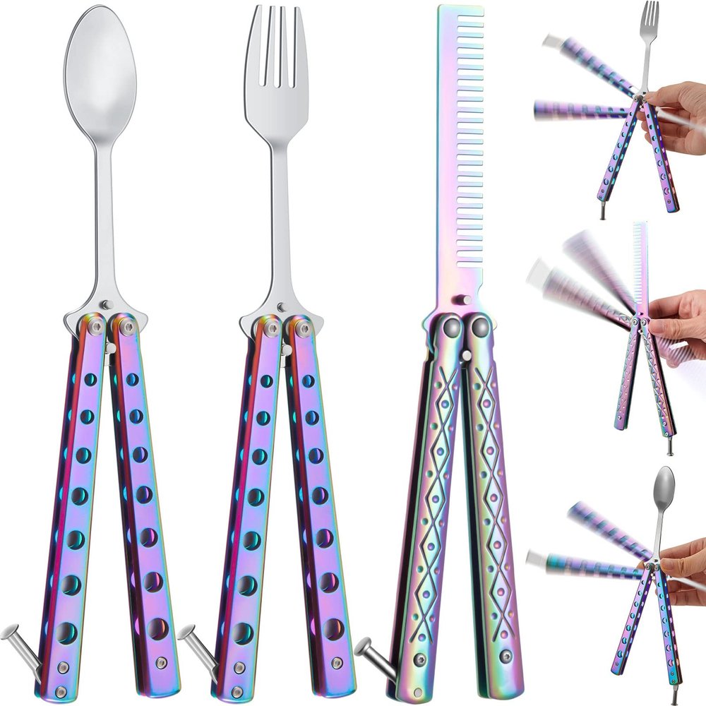 Eaasty 3 Pieces Butterfly Comb,Fork and Spoon Set,Tactical Stainless Steel Folding Butterfly Spoon for Camping Hunting Travel Outdoor(Colorful)