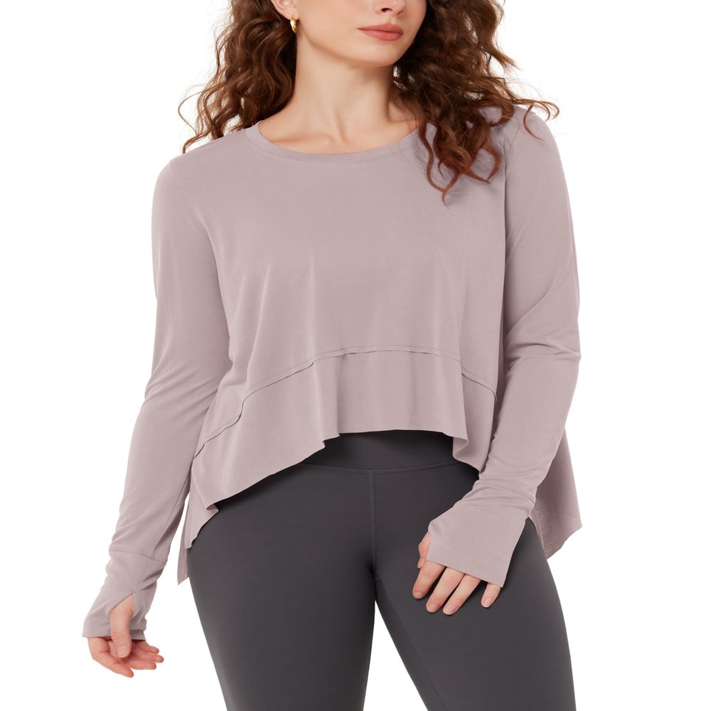 ODODOS Long Sleeve Tee for Women with Thumb Hole Athletic Gym Workout Crop Tops Yoga Shirts, Lavender, X-Large