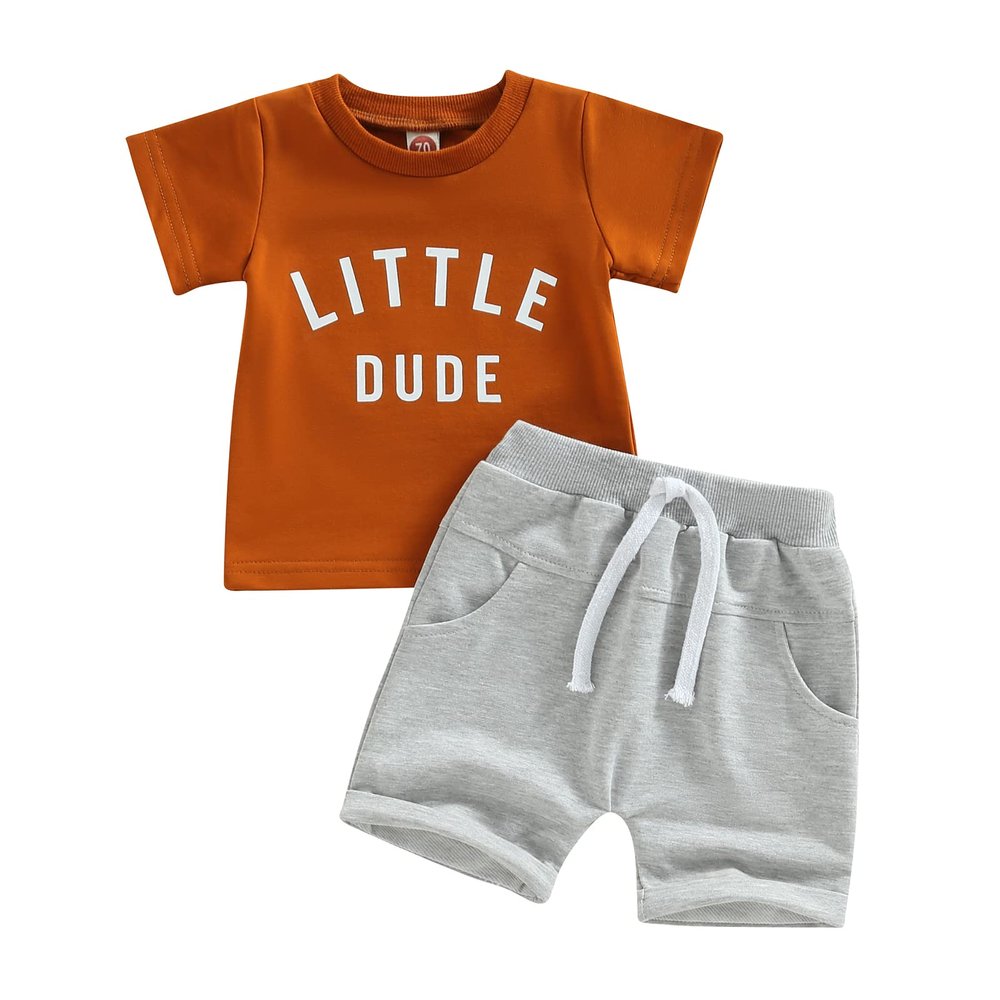 Infant Toddler Baby Boy Summer Clothes Short Sleeve Striped T-Shirt Top Solid Shorts Set 2Pcs Casual Shorts Outfit (Caramel-Little Dude, 2-3 Years)