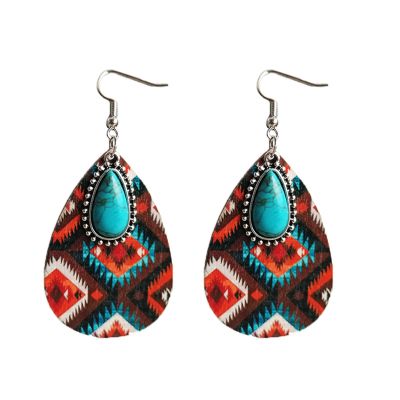 1/3 Pairs Set Western Cowgirl Cowboy Teardrop Drop Dangle Earrings Boho Turquoise Wooden Leather Earrings for Women Jewelry Gifts Aztec Pattern Boho Vintage Handmade-3
