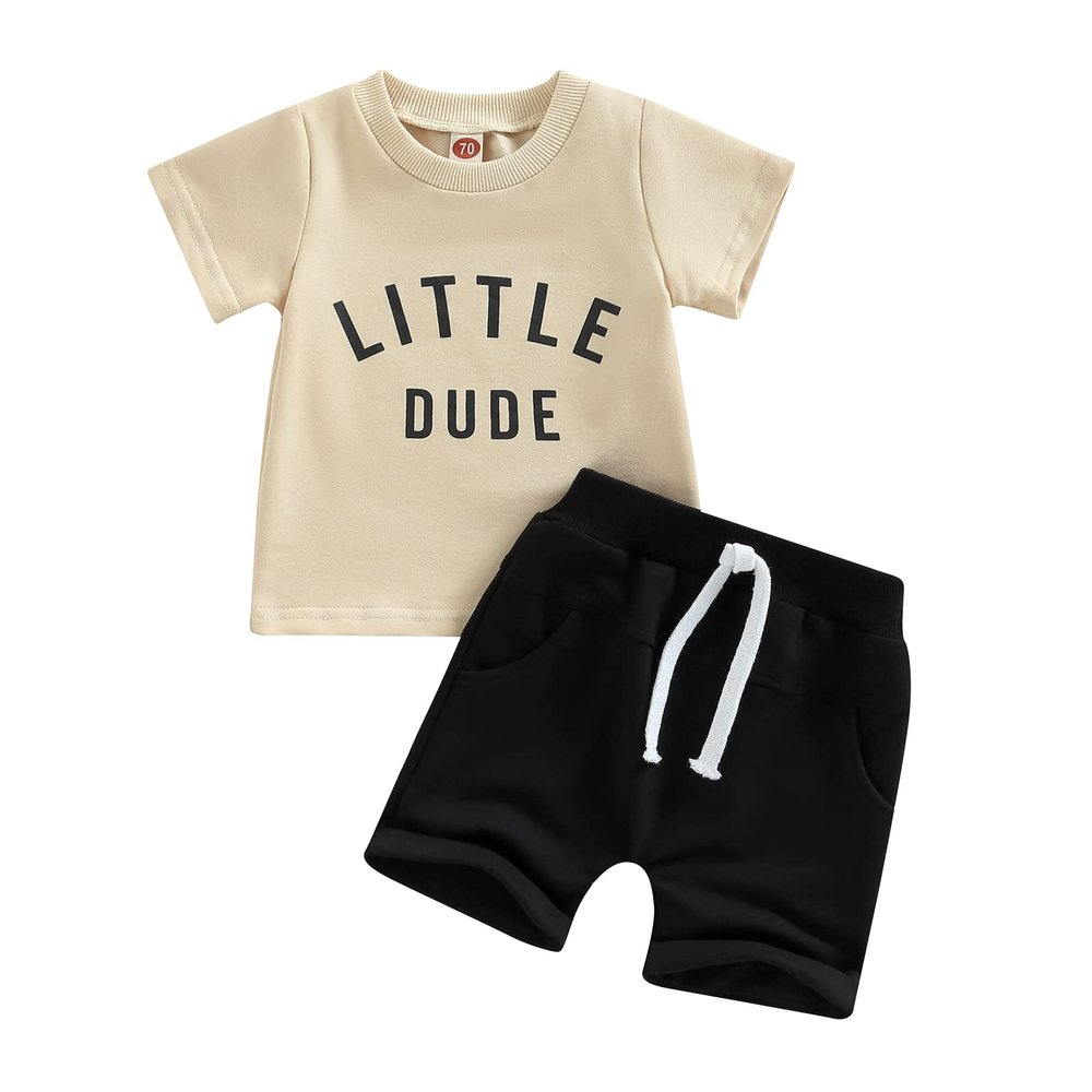 Infant Toddler Baby Boy Summer Clothes Short Sleeve Striped T-Shirt Top Solid Shorts Set 2Pcs Casual Shorts Outfit (Apricot-Little Dude, 18-24 Months)