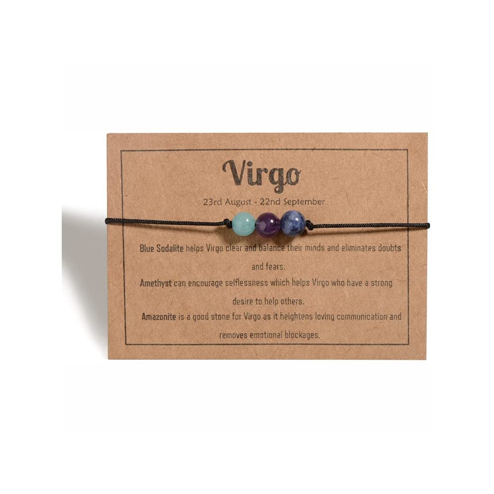 12 Constellation Zodiac Crystal Natural Stone Horoscope Stretch Bracelets Healing Gemstone Adjustable Braid Cord String Rope for Couples Friendship Reiki Yoga Meditation Jewelry-Virgo C