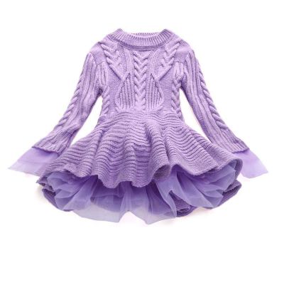 Girl Winter Long Sweater Dress, Toddler Baby Girls Knit Dress Crochet Ruffle Long Sleeve Mini Tutu (Purple, 3-4 Years)