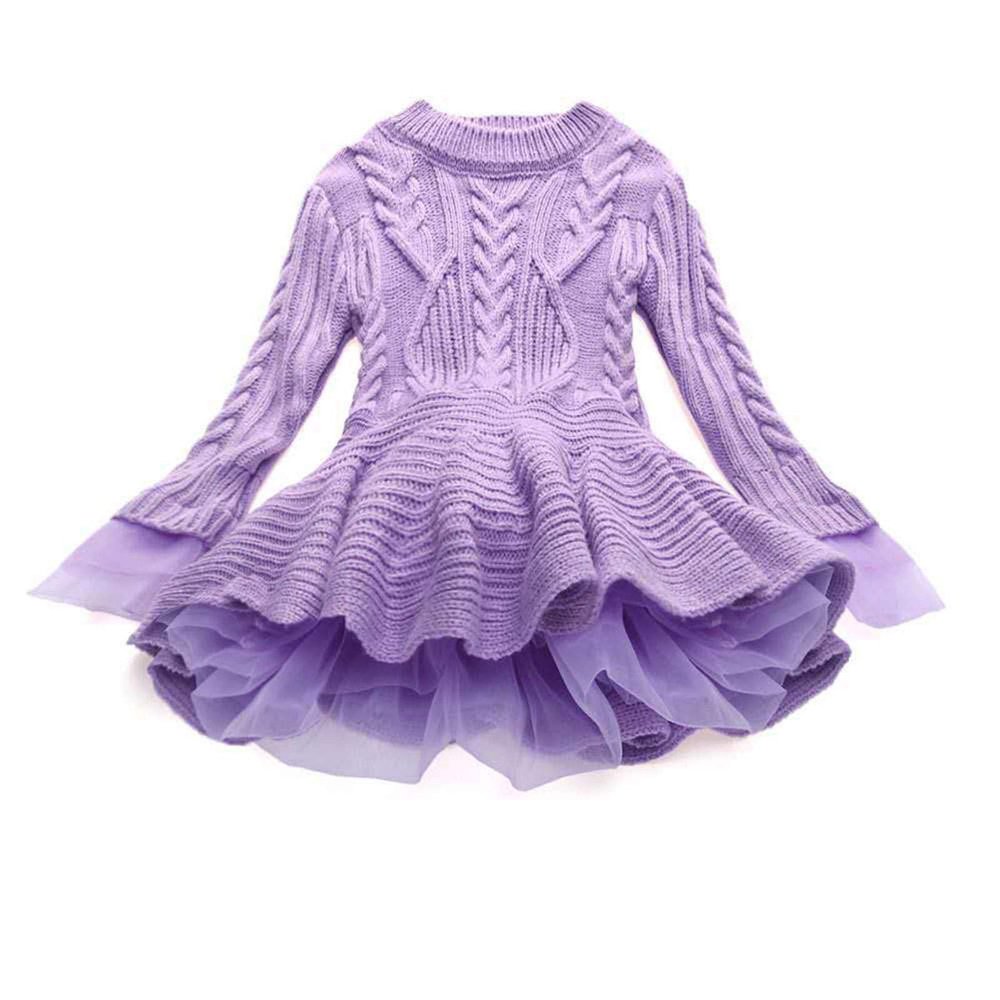 Girl Winter Long Sweater Dress, Toddler Baby Girls Knit Dress Crochet Ruffle Long Sleeve Mini Tutu (Purple, 3-4 Years)