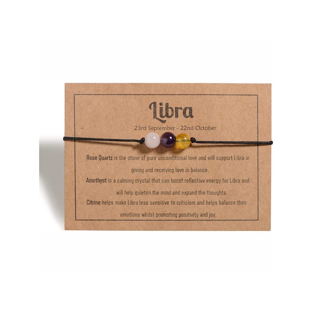 12 Constellation Zodiac Crystal Natural Stone Horoscope Stretch Bracelets Healing Gemstone Adjustable Braid Cord String Rope for Couples Friendship Reiki Yoga Meditation Jewelry-Libra C