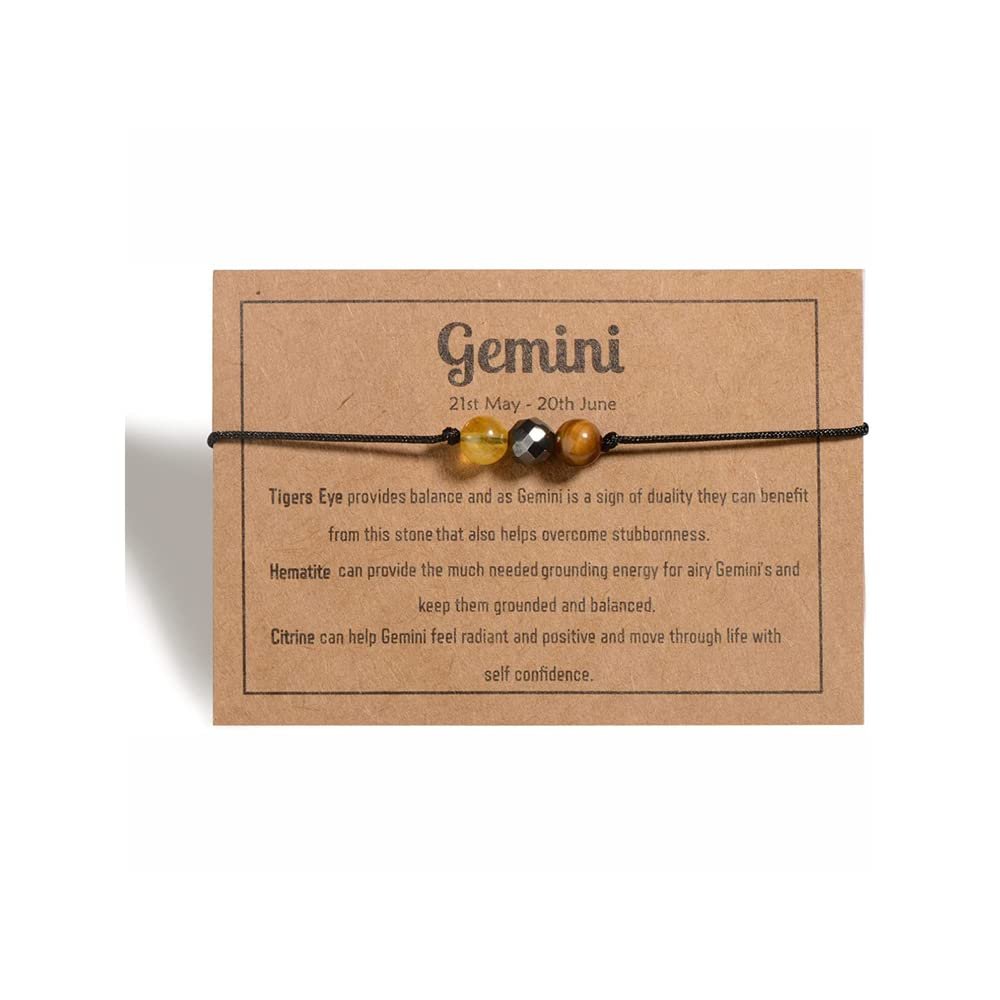 12 Constellation Zodiac Crystal Natural Stone Horoscope Stretch Bracelets Healing Gemstone Adjustable Braid Cord String Rope for Couples Friendship Reiki Yoga Meditation Jewelry-Gemini C