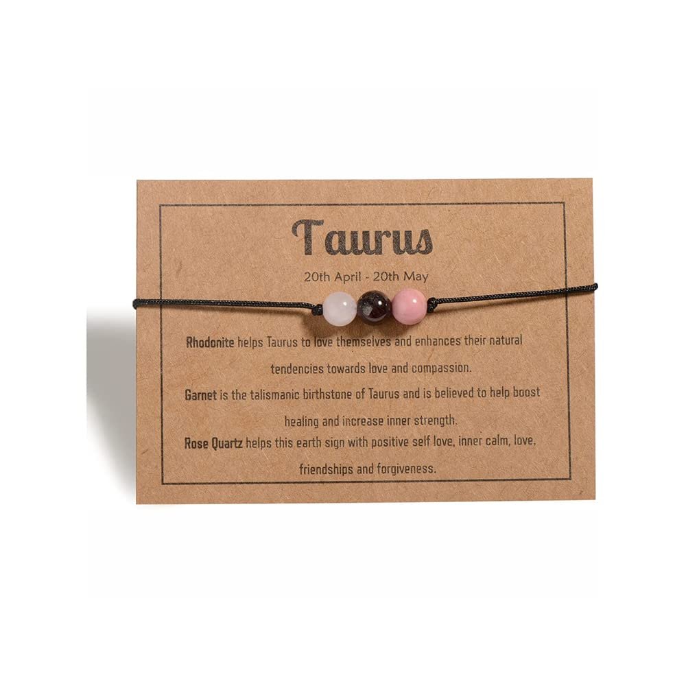 12 Constellation Zodiac Crystal Natural Stone Horoscope Stretch Bracelets Healing Gemstone Adjustable Braid Cord String Rope for Couples Friendship Reiki Yoga Meditation Jewelry-Taurus C