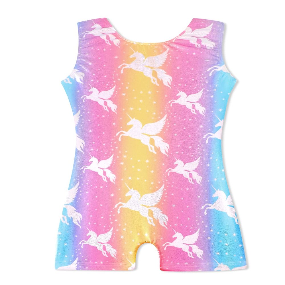 HOZIY Rainbow Leotards for Girls with Shorts 4t 5t Gymnastics Stripe Unicorn Pink Blue Gold Biketard Kids Leo Tumbling Outfits Shiny Apparel Clothing Leotardos Para Gimnasia Ninas