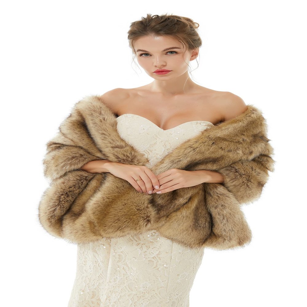 Keting Women's Faux Fur Cold Winther Shawl Wraps Bridal Wedding Scarf Stole Shrug Wedding Cover Up